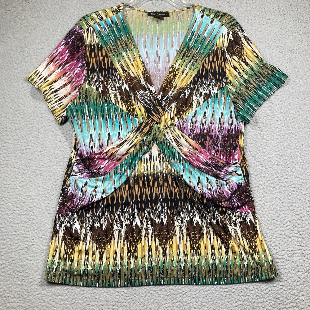 Susan Lawrence Top Womens XL Multicolor Babydoll Crossover V-Neck Short Sleeve